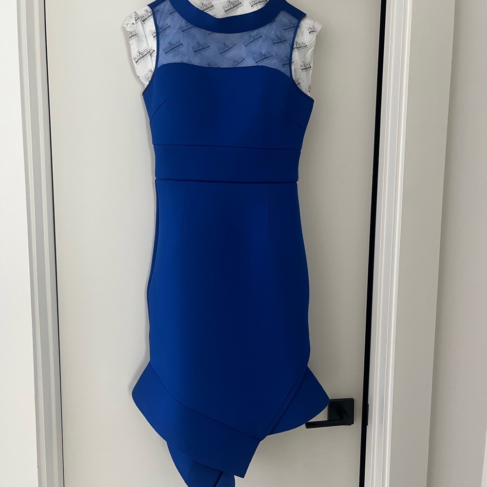 Chic Blue Dress with Sheer Neckline